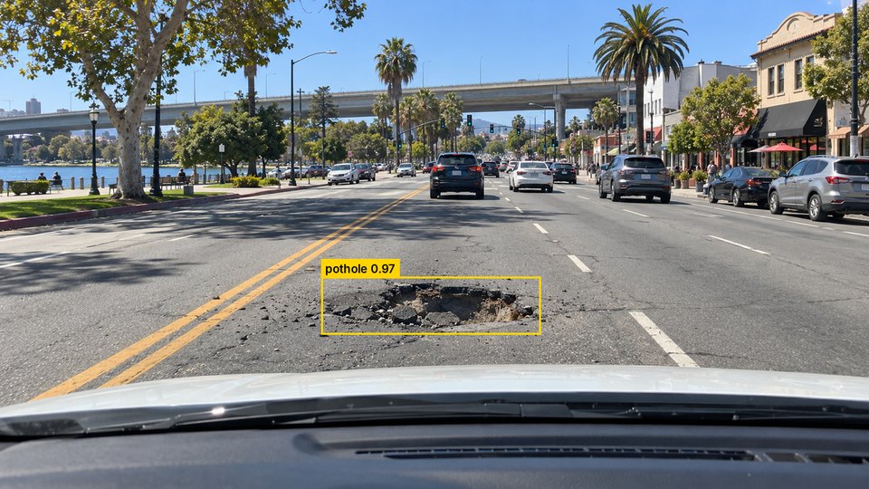 Concept image: a deep pothole on Grand Avenue outlined by a yellow detection box